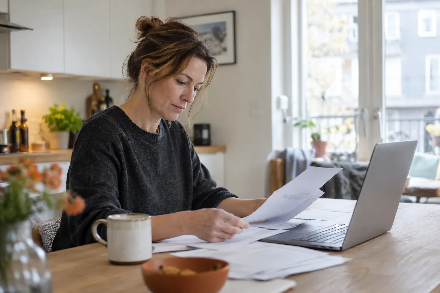 Kvinde gennemgår boligdokumenter ved køkkenbordet