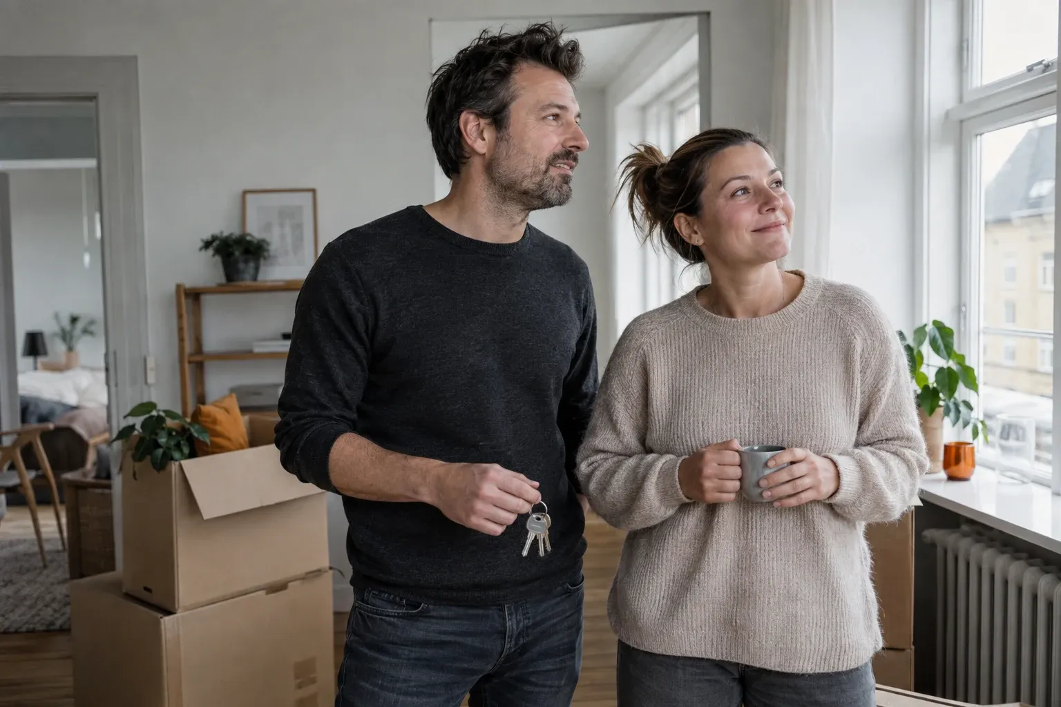 Par med nøgler i deres nye lejlighed