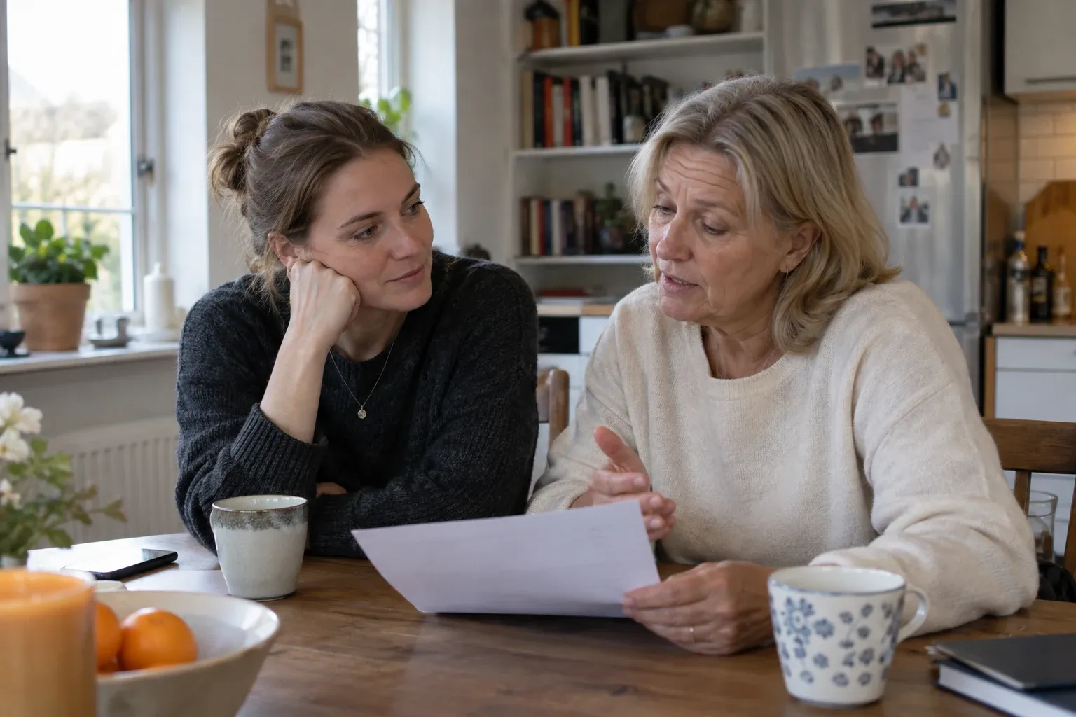 Mor og voksen datter taler sammen ved køkkenbordet