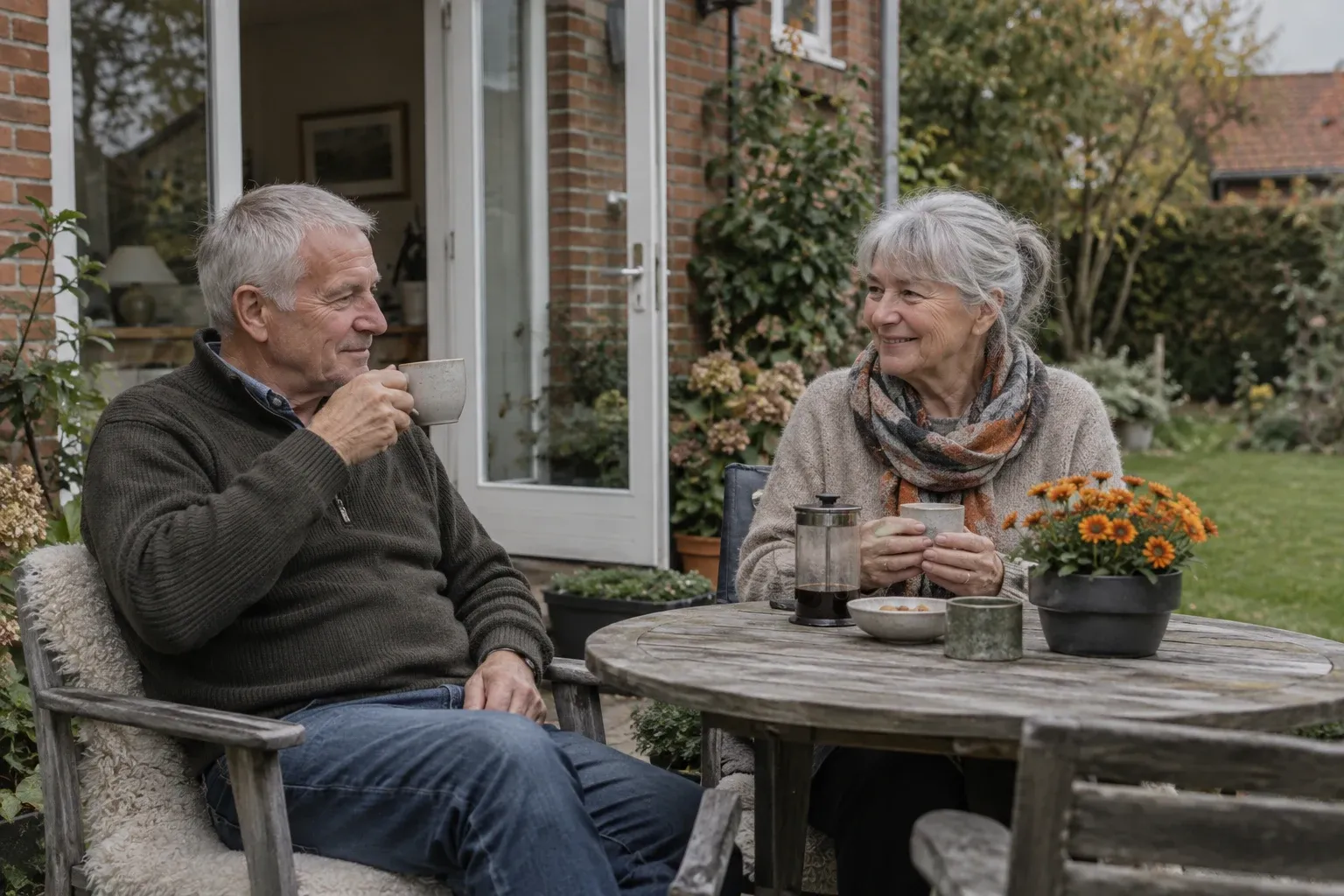 Ældre par nyder kaffe sammen i haven
